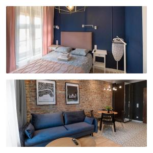 a bedroom and a living room with a blue couch at Piernikowy i Cynamonowy Toruń z parkingiem in Toruń