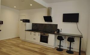 a kitchen with a counter with a stove and a tv on the wall at Studio logement entier tout confort in Montélimar
