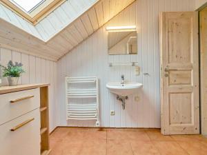 a bathroom with a sink and a skylight at Wildgans Classic 249 in Mirow +35 photos