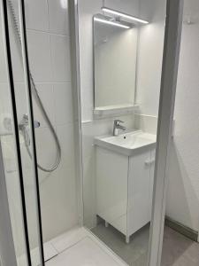 une salle de bain avec une douche, un lavabo et un miroir dans l'établissement Studio vue mer-port Arcachon, à Arcachon
