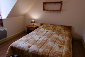 a bedroom with a bed and a lamp on a night stand at Gite ecole in Soursac +6 photos