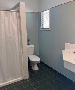 a bathroom with a white toilet and a shower at Mitchell Motel & Cabins in Mitchell
