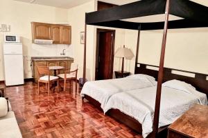 una camera da letto con un letto grande e una cucina di Charming studio in Funchal, 30m², city view a Funchal