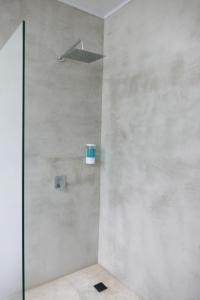 una ducha con puerta de cristal en un baño en Aduana - Beach House, en Santa Teresa Beach