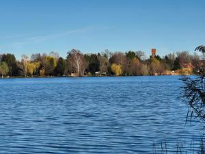 a large lake with trees in the background at Ferienhaus am See in Königs Wusterhausen