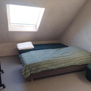 TieltにあるKrie1の窓付きのベッドがある小さな寝室