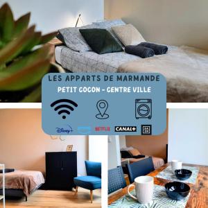 een collage van foto's van een slaapkamer en een bed bij Les Apparts de Marmande - Petit Cocon en ville in Marmande