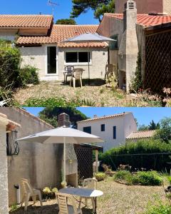- deux photos d'une terrasse avec un parasol et d'une maison dans l'établissement Maison bord de mer, à Hyères