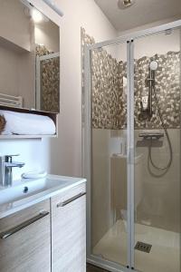 a bathroom with a shower and a sink at Le petit chalet bleu in Cancale