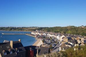 a town with a harbor and a body of water at Le petit chalet bleu in Cancale