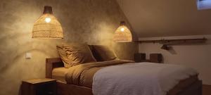a bedroom with two lights above a bed at Gîte avec jacuzzi privatif et piscine privative - Haras Le Val Du Conte in Le Bouillon