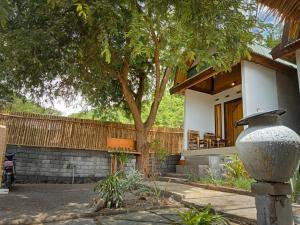 a house with a tree and a vase in front of it at Diki Bungalows in Kuta Lombok