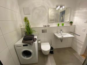 baño blanco con lavadora y lavamanos en Reeders Nest by Seeblick Ferien, en Olpenitz 14 fotos más
