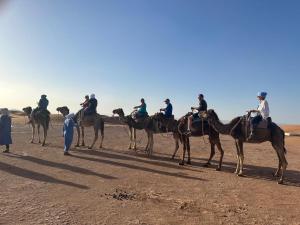 a group of people on camels in the desert at Touareg Desert Camp Erg Chigaga in El Gouera