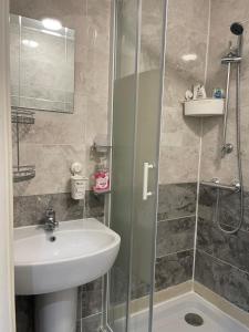 a bathroom with a sink and a glass shower at Accommodation Plus in London