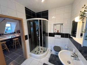 a bathroom with a shower and a sink at Ferienwohnung Mittweida-City "Schacherhaus" - direkt im Stadtzentrum der Hochschulstadt Mittweida in Mittweida +19 photos