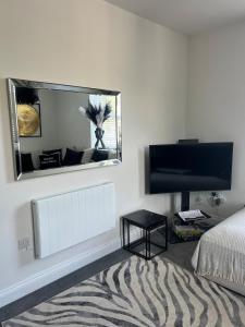 a bedroom with a mirror and a bed and a television at Chesil Beach View in Fortuneswell