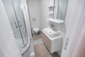 ein Badezimmer mit Waschbecken, Dusche und Toilette in der Unterkunft Classic Suite TS33 in Esenyurt + 15 Fotos