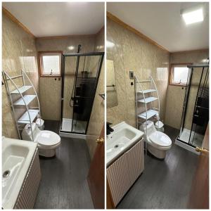 two pictures of a bathroom with two toilets and a sink at Casa in Castro +4 photos