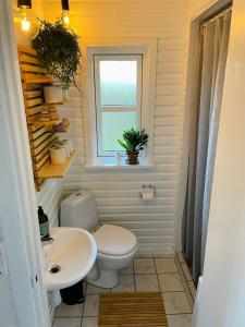 a bathroom with a toilet and a sink and a window at Tiny House Lindebo near by the Beach in Egå +17 photos