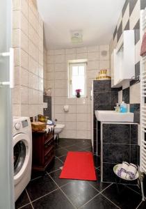 a bathroom with a washing machine and a red rug at Ferienhaus Sofija in Vrtlinovec