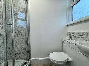 a bathroom with a shower and a toilet and a sink at The Lodge Southampton in Southampton +8 photos