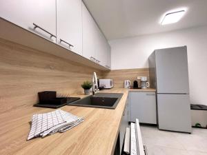 a kitchen with a sink and a refrigerator at Apartment Bonum with Private Pool in Šilo