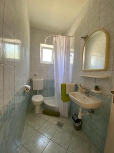 a bathroom with a sink and a toilet and a mirror at Apartments Nada in Sućuraj +46 photos