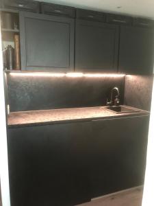 a kitchen with a sink and black cabinets at Cozy 1 room apartment for 2 in Munich