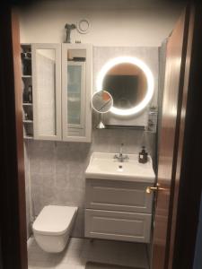 a bathroom with a sink and a toilet and a mirror at Cozy 1 room apartment for 2 in Munich