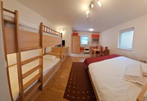 a bedroom with two bunk beds and a kitchen at Apartment Seka in Podčetrtek