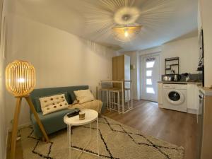 een woonkamer met een groene bank en een tafel bij Le Suchet in Lyon