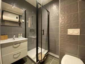 een badkamer met een douche, een toilet en een wastafel bij Le Suchet in Lyon