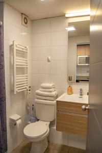 Un baño blanco con inodoro y lavabo. en ShortStays Santiago, en Santiago