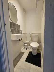 a bathroom with a white toilet and a mirror at Inspire Home Stylish Stay D in Cardiff