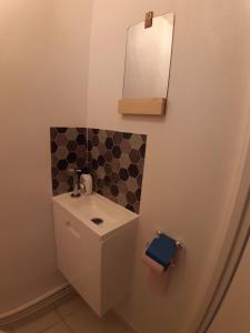 une petite salle de bain avec un lavabo et un miroir dans l'établissement Opal'In, au Crotoy 2 autres photos