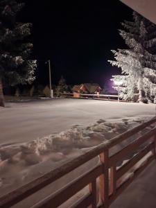 a fence covered in snow next to a street at night at Sunčani Vrhovi Lux planina Golija in Raška