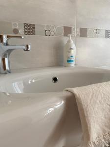 ein Waschbecken mit einer Flasche Seife darauf in der Unterkunft Flavia 21 in Elice + 19 Fotos