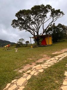 un albero e una tenda in un campo di Complexo canta galo Camping a São Thomé das Letras