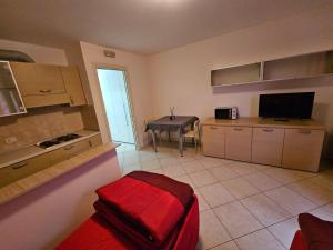 a large kitchen with a table and a television at Casa vacanze 6 in Pescincanna