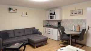 a living room with a couch and a table and a kitchen at Appartement am Teich in Großschönau