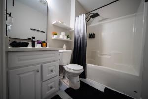 a bathroom with a toilet and a sink and a tub at Raleigh With Daylor in Raleigh +28 photos