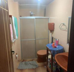 サリノポリスにあるApartamento em Salinas no Paráのシャワー、トイレ、洗面台を備えたバスルーム