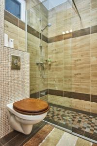 ブダペストにあるVilmos-Lakのバスルーム(トイレ、ガラス張りのシャワー付)