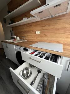 Kuchyň nebo kuchyňský kout v ubytování Apartamenti Jēkabpilī