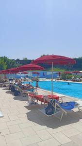 a group of lounge chairs and umbrellas next to a swimming pool at Roots of Rome Apartment in Rome