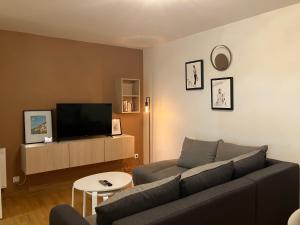 a living room with a couch and a tv at Appartement avec parking & linge inclus & local vélos in Blois