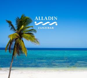 a palm tree on a beach with the ocean at Alladin Boutique Beach Hotel and SPA Zanzibar in Matemwe