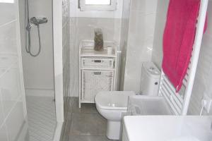 a small bathroom with a toilet and a shower at Charming Apartment in Palamós with Sea View and Terrace - 65 sqm in Palamós +4 photos