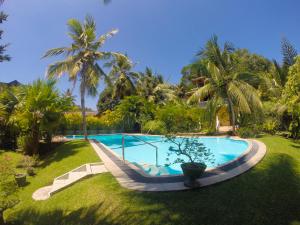 a swimming pool in a yard with palm trees at Leijay Garden Retreat in Galle